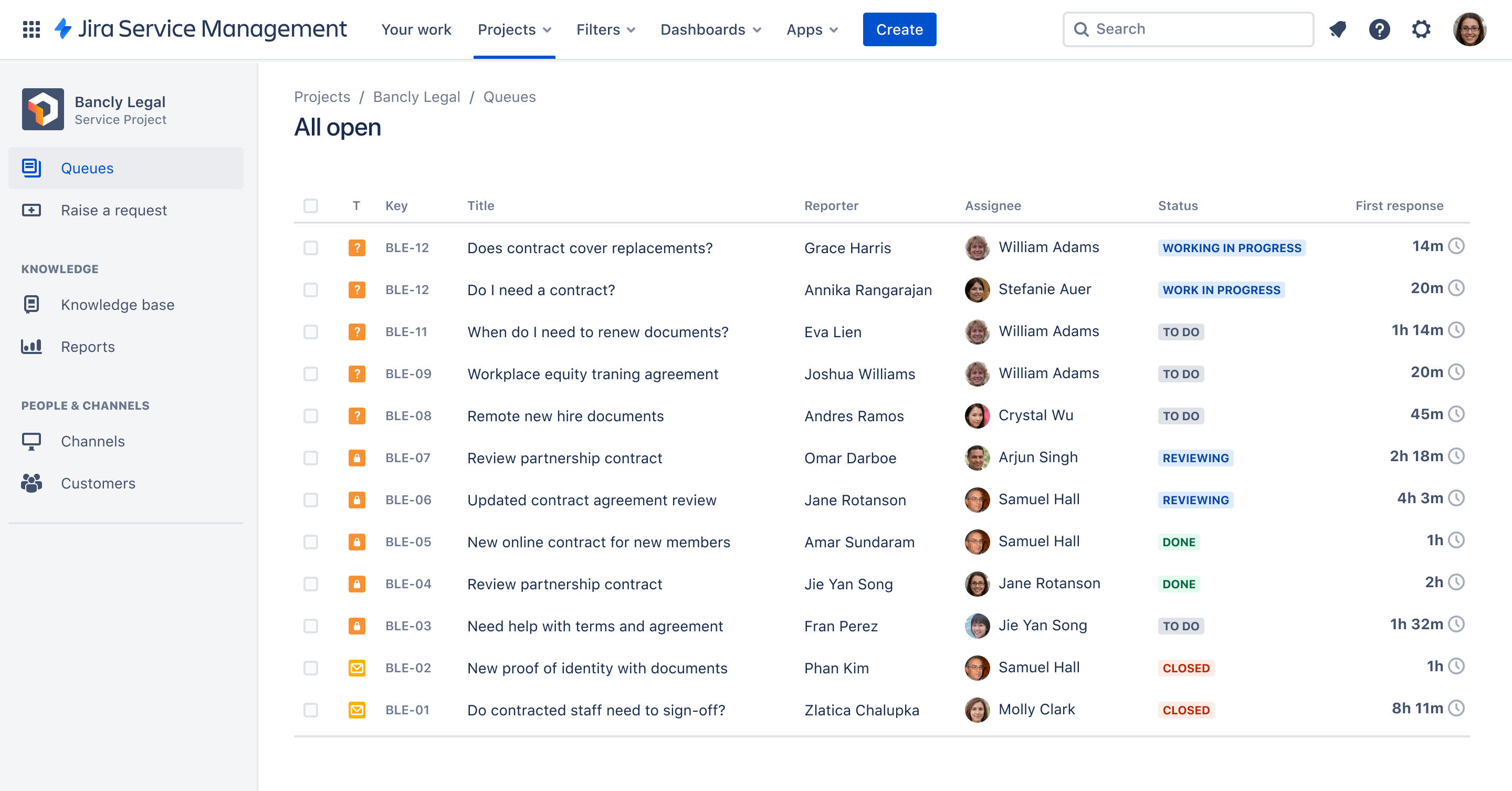 Vue de la file d'attente de gestion des services juridiques dans Jira Service Management